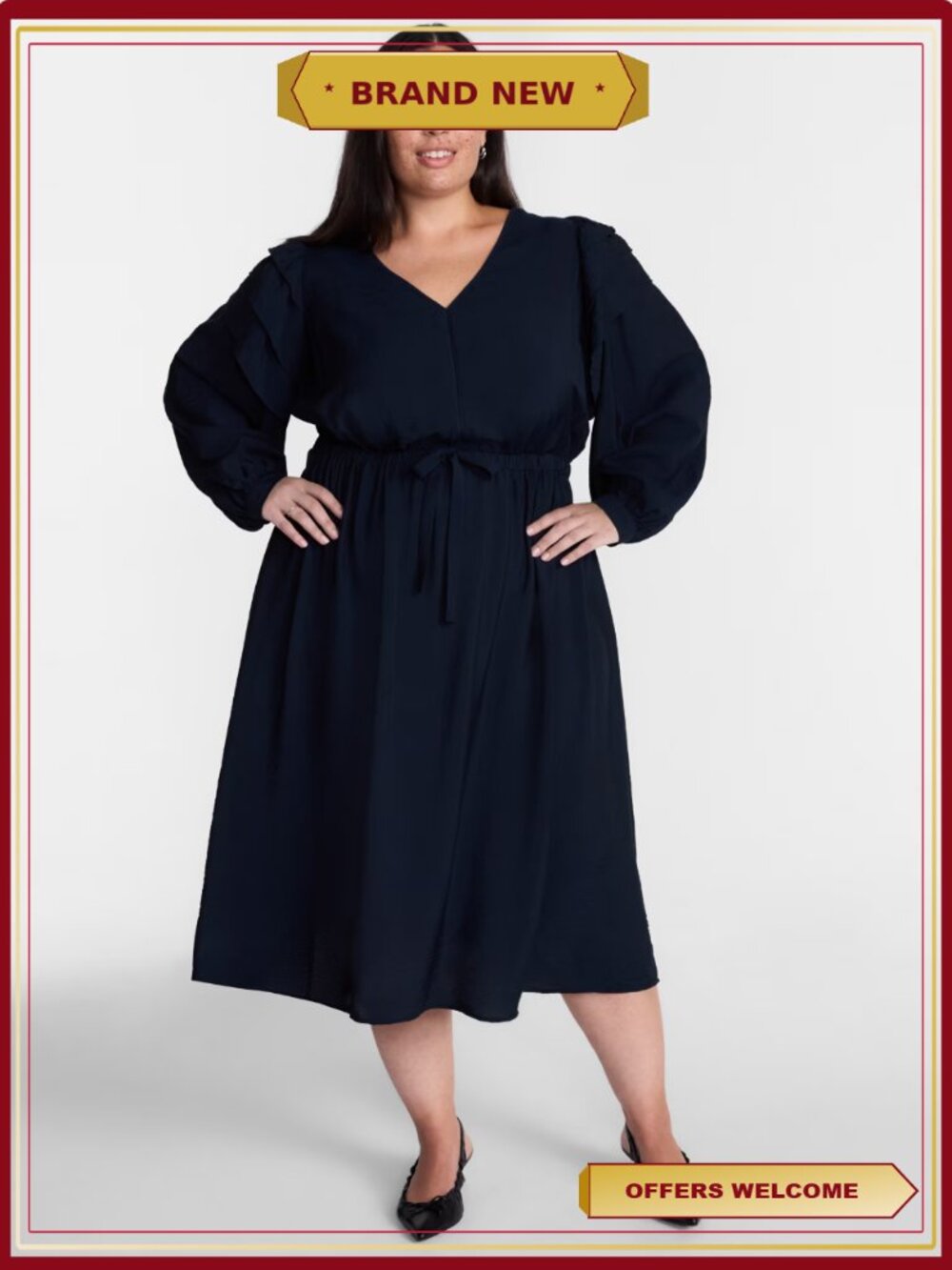 Women's Plus Tie Waist Midi Dress Long Puff Sleeves V-Neck